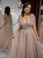 Load image into Gallery viewer, Champagne Beaded Prom Dress with Tulle Bows