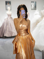 Load image into Gallery viewer, Metallic Pleated Slit Prom Dress