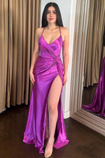 Load image into Gallery viewer, Ruched Purple Prom Dress with Slit