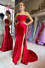 Load image into Gallery viewer, Strapless Sheer Corset Bodice Slit Prom Dress