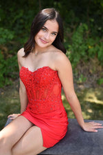 Load image into Gallery viewer, Strapless Sheer Corset Bodice Homecoming Dress with Lace