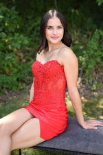 Load image into Gallery viewer, Strapless Sheer Corset Bodice Homecoming Dress with Lace