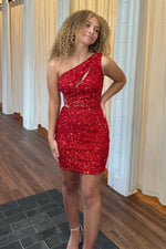 Load image into Gallery viewer, One Shoulder Sequin Cutout Homecoming Dress