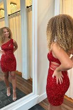 Load image into Gallery viewer, One Shoulder Sequin Cutout Homecoming Dress
