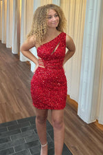 Load image into Gallery viewer, One Shoulder Sequin Cutout Homecoming Dress