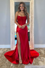 Load image into Gallery viewer, Strapless Corset Bodice Prom Dress with High Slit