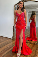 Load image into Gallery viewer, Beaded Fitted Prom Dress with Slit

