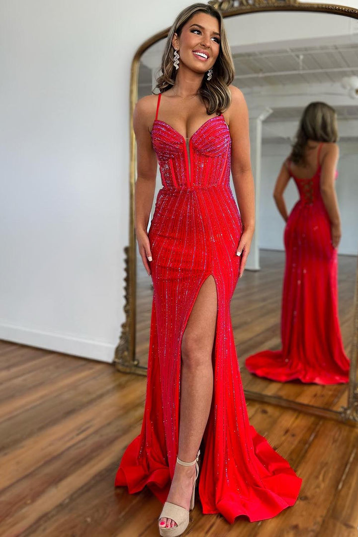 Beaded Fitted Prom Dress with Slit