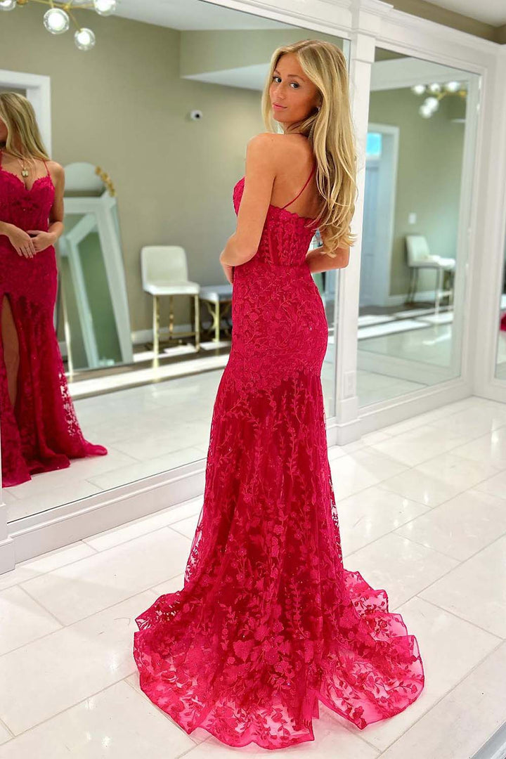 Appliques Red Prom Dress with Slit