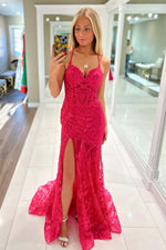 Load image into Gallery viewer, Appliques Red Prom Dress with Slit
