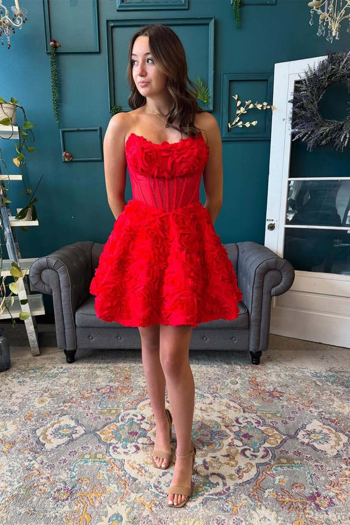 Red Strapless Flowers Homecoming Dress