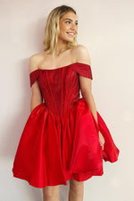 Load image into Gallery viewer, Red Off the Shoulder Corset Homecoming Dress
