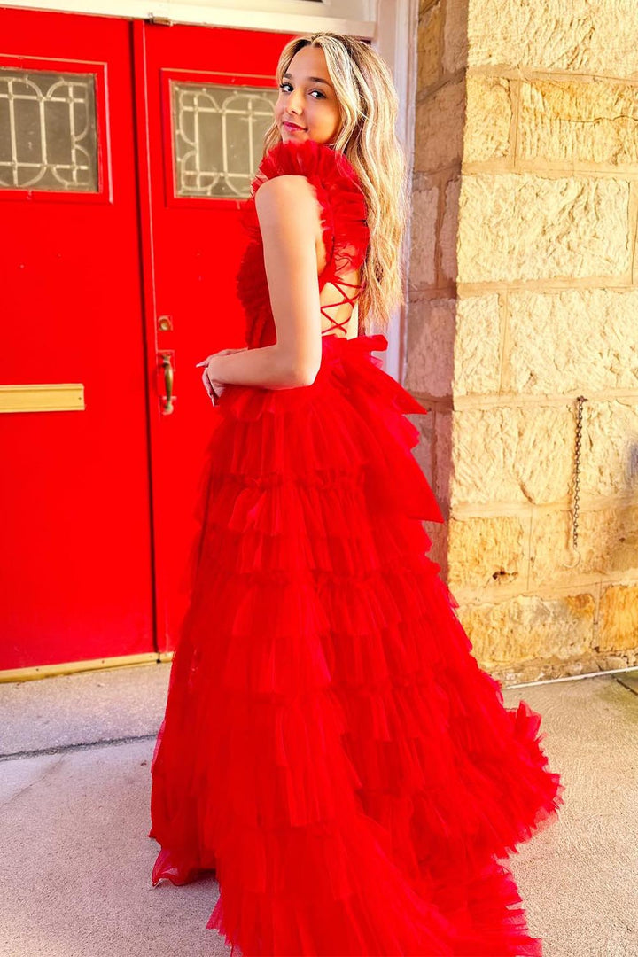 Red Prom Dress with High Side Slit