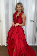 Load image into Gallery viewer, Halter Ruffle Backless Prom Dress