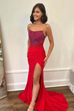 Load image into Gallery viewer, Fitted Strapless Beaded High Slit Prom Dress