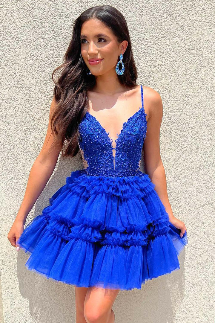 Royal Blue Tulle Tiered Homecoming Dress
