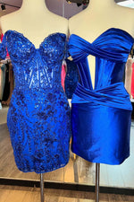 Load image into Gallery viewer, Off the Shoulder Corset Homecoming Dress with Sequin