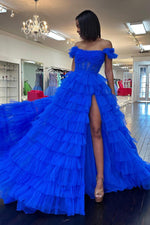 Load image into Gallery viewer, Royal Blue Ruffle Slit Prom Dress