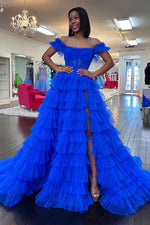 Load image into Gallery viewer, Royal Blue Ruffle Slit Prom Dress
