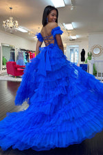Load image into Gallery viewer, Royal Blue Ruffle Slit Prom Dress