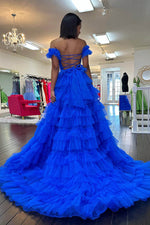 Load image into Gallery viewer, Royal Blue Ruffle Slit Prom Dress