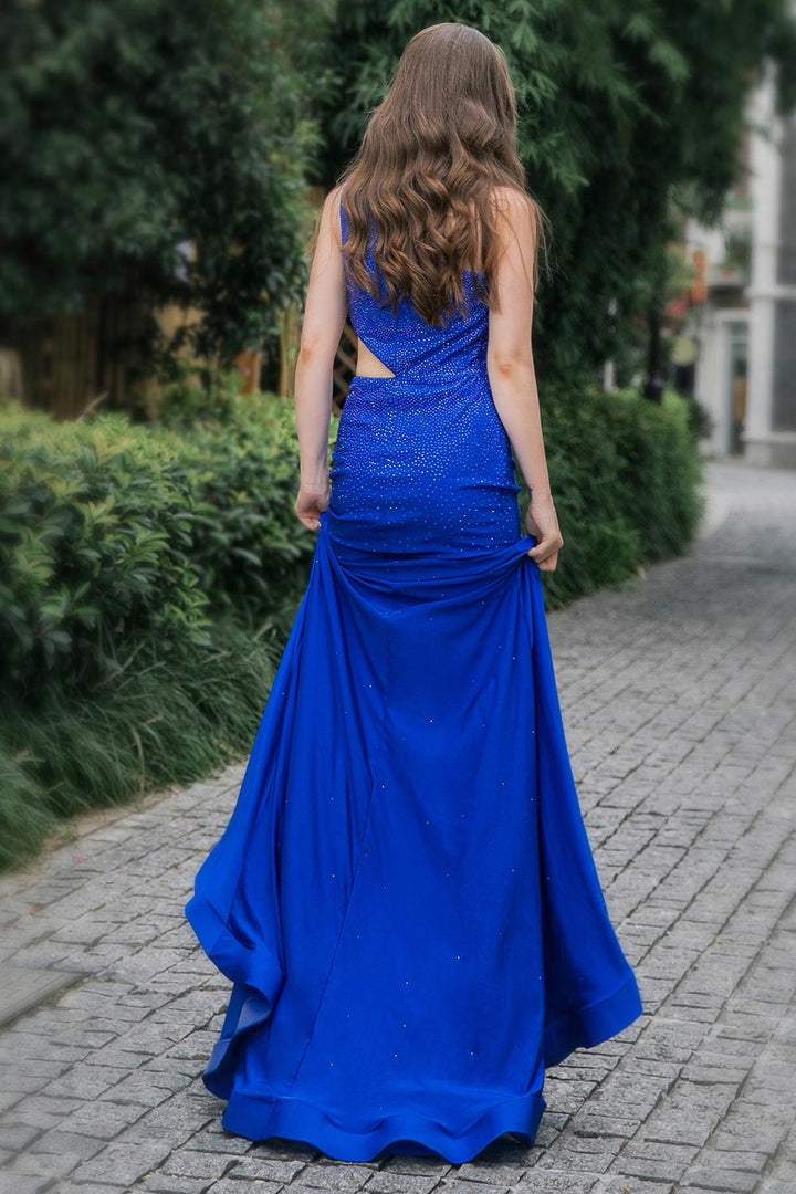 One Shoulder Side Split Beading Prom Dress