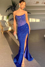 Load image into Gallery viewer, Sheer Corset Bodice Strapless Sequin Prom Dress