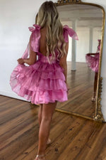 Load image into Gallery viewer, Tiered V Neck Homecoming Dress with Strap Bow