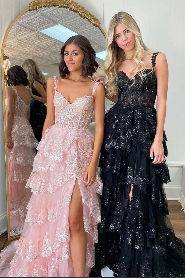 Straps Ruffled Prom Dress with Slit