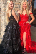 Load image into Gallery viewer, Slit Ruffle Prom Dress with Sequin