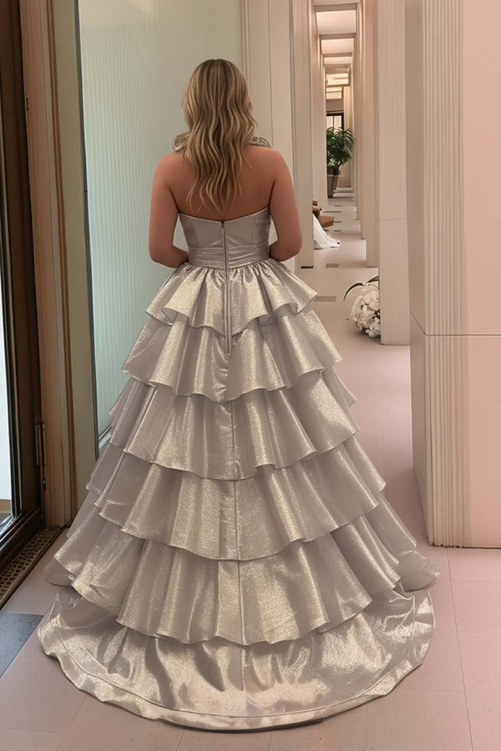Silver Halter Ruffle Tiered Prom Dress