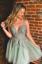 Load image into Gallery viewer, Sage Open Back Homecoming Dress with Appliques