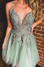 Load image into Gallery viewer, Sage Open Back Homecoming Dress with Appliques