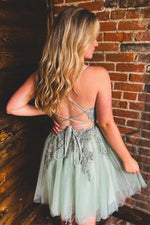 Load image into Gallery viewer, Sage Open Back Homecoming Dress with Appliques
