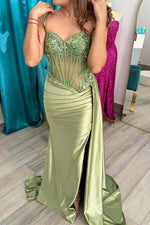 Load image into Gallery viewer, Sage Green Ruched Slit Prom Dress