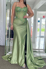 Load image into Gallery viewer, Sage Green Ruched Slit Prom Dress
