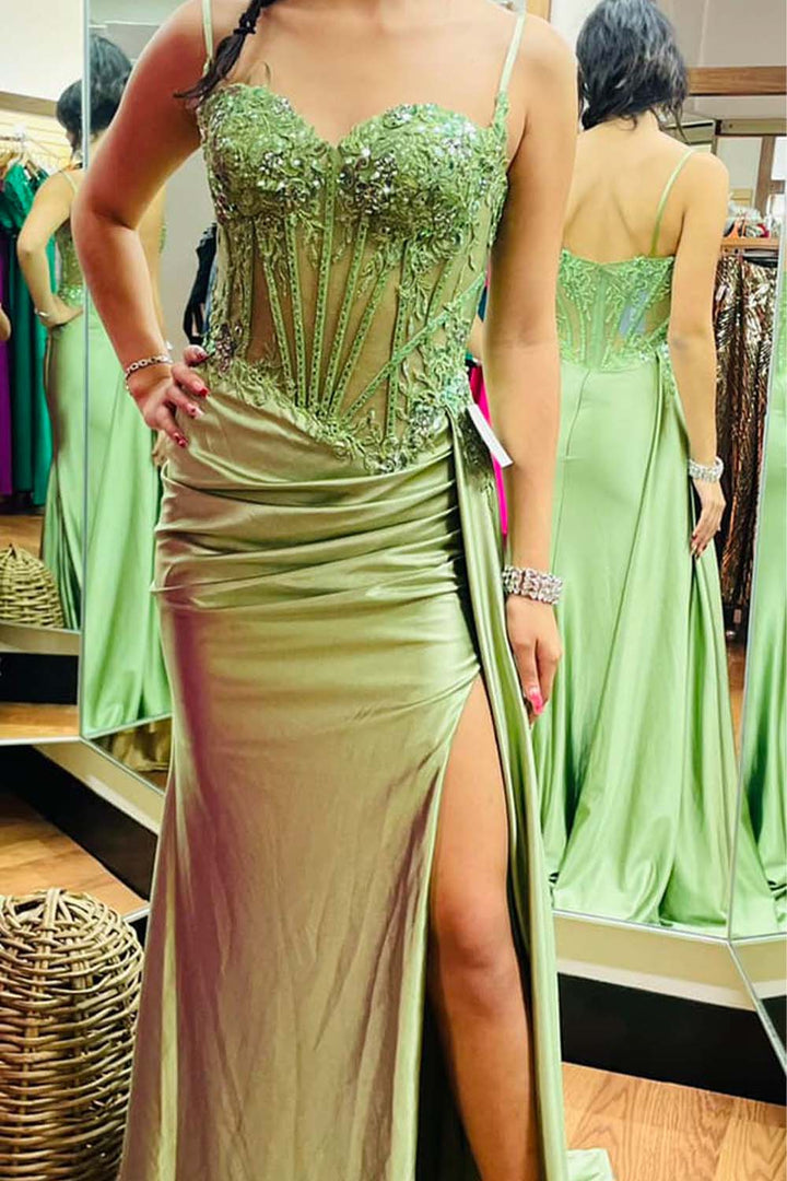 Sage Green Ruched Slit Prom Dress
