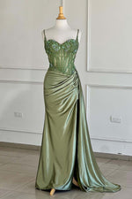 Load image into Gallery viewer, Sage Green Ruched Slit Prom Dress
