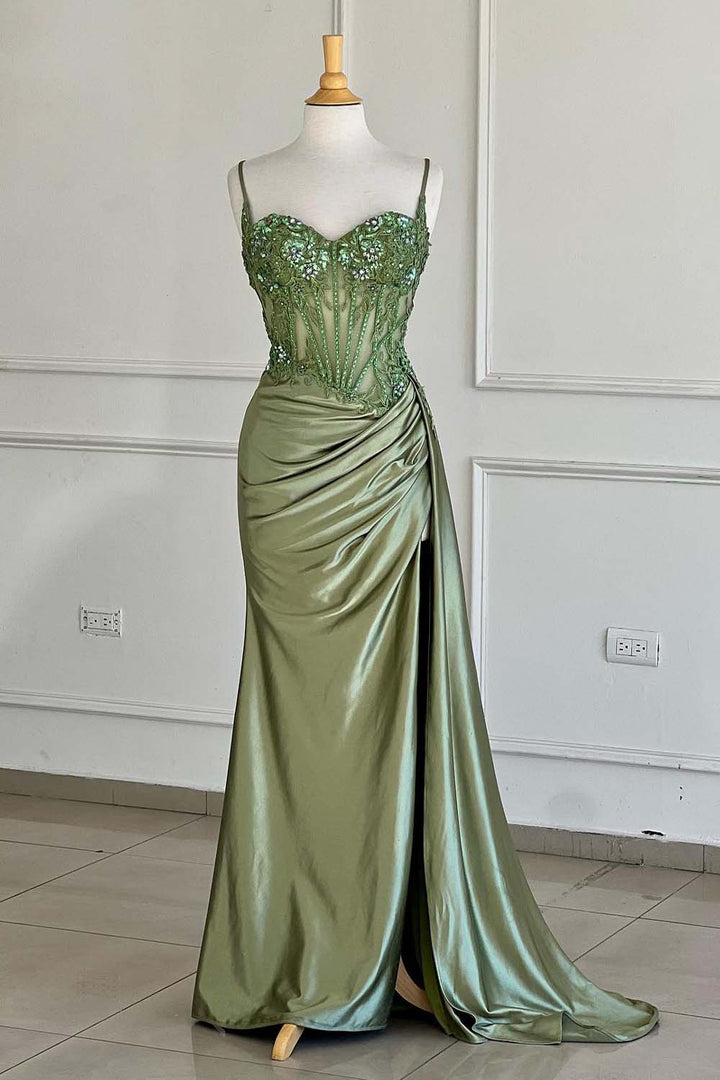 Sage Green Ruched Slit Prom Dress