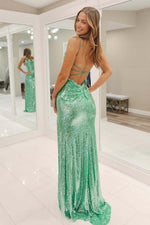 Load image into Gallery viewer, Sage Green Sequin Cowl Neck Prom Dress
