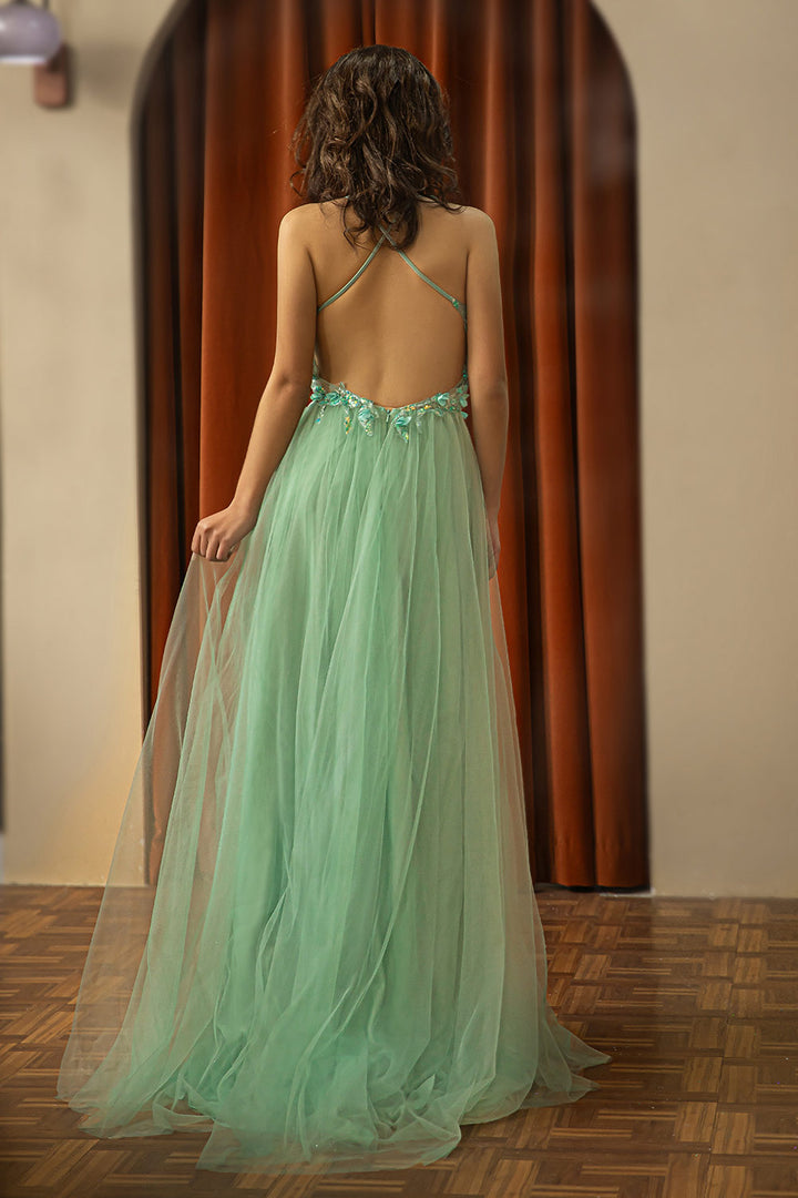 Backless Beaded Slit Prom Dress