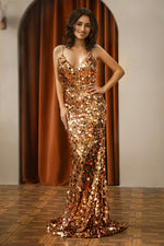 Load image into Gallery viewer, Glitter Gold Sequin Prom Dress