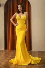 Load image into Gallery viewer, Beaded Yellow Open Back Prom Dress