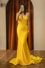 Load image into Gallery viewer, Beaded Yellow Open Back Prom Dress