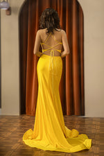 Load image into Gallery viewer, Beaded Yellow Open Back Prom Dress