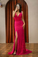 Load image into Gallery viewer, Pink Corset Prom Dress with Slit