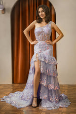 Load image into Gallery viewer, One Shoulder Ruffle Sheer Corset Bodice Prom Dress