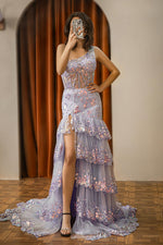 Load image into Gallery viewer, One Shoulder Ruffle Sheer Corset Bodice Prom Dress