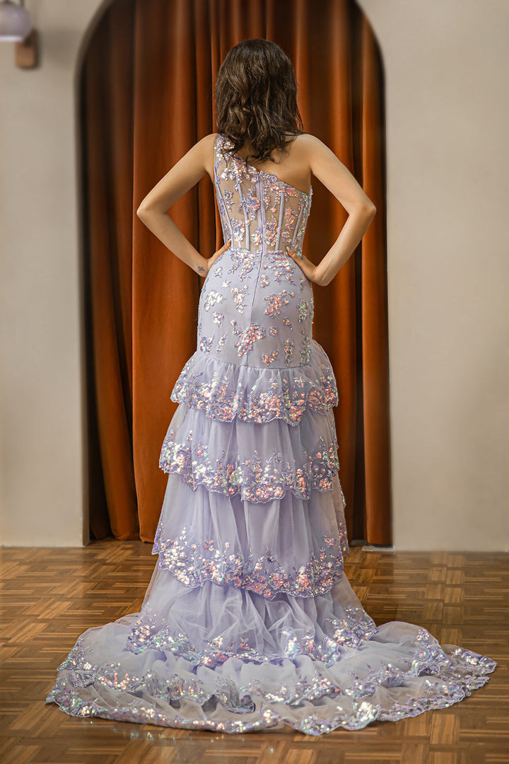 One Shoulder Ruffle Sheer Corset Bodice Prom Dress