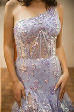 Load image into Gallery viewer, One Shoulder Ruffle Sheer Corset Bodice Prom Dress